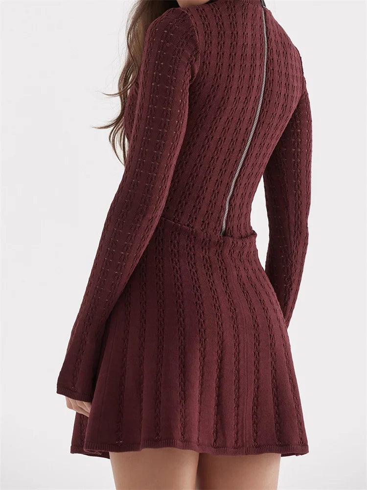 FashionSierra - Knitted Ribbed Long Flare Sleeve Turtleneck Mini Dress