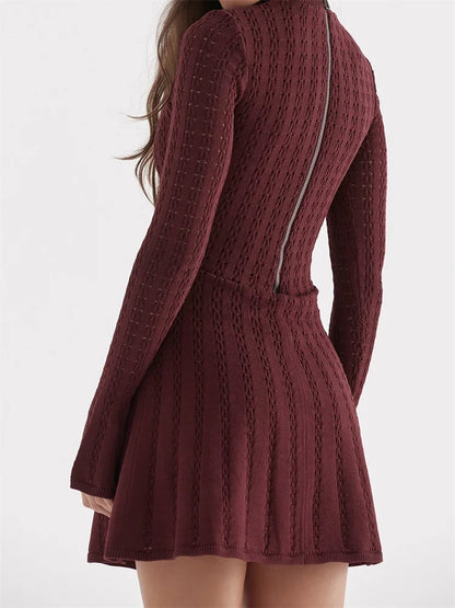FashionSierra - Knitted Ribbed Long Flare Sleeve Turtleneck Mini Dress