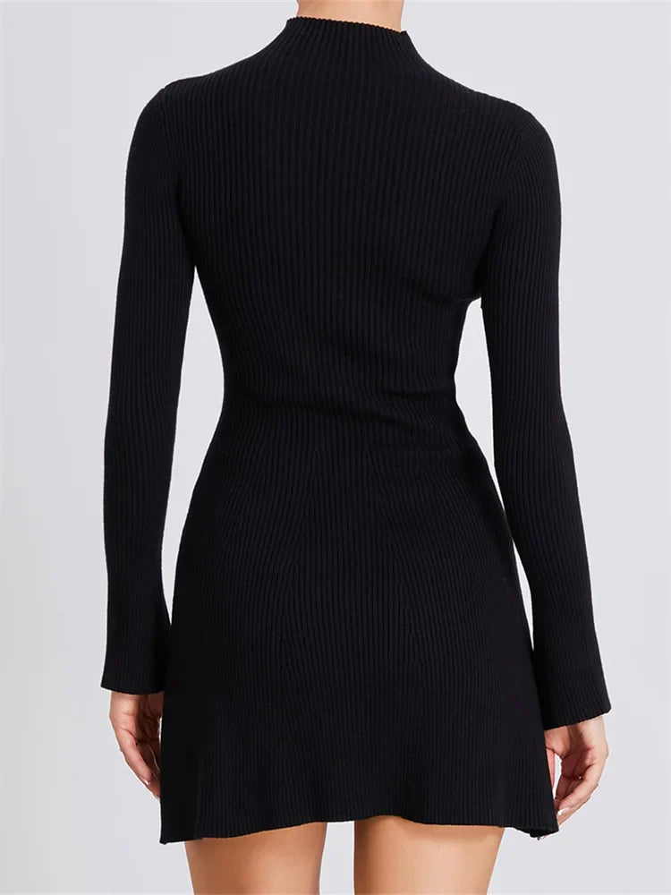 FashionSierra - Knitted Ribbed Long Sleeve High Neck Slim Fit Mini Dress