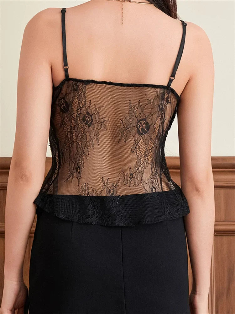 Lace Crop Summer Sleeveless Spaghetti Strap Front Split Tie-up V-neck See Through Mini Lovely Chic Cami Top
