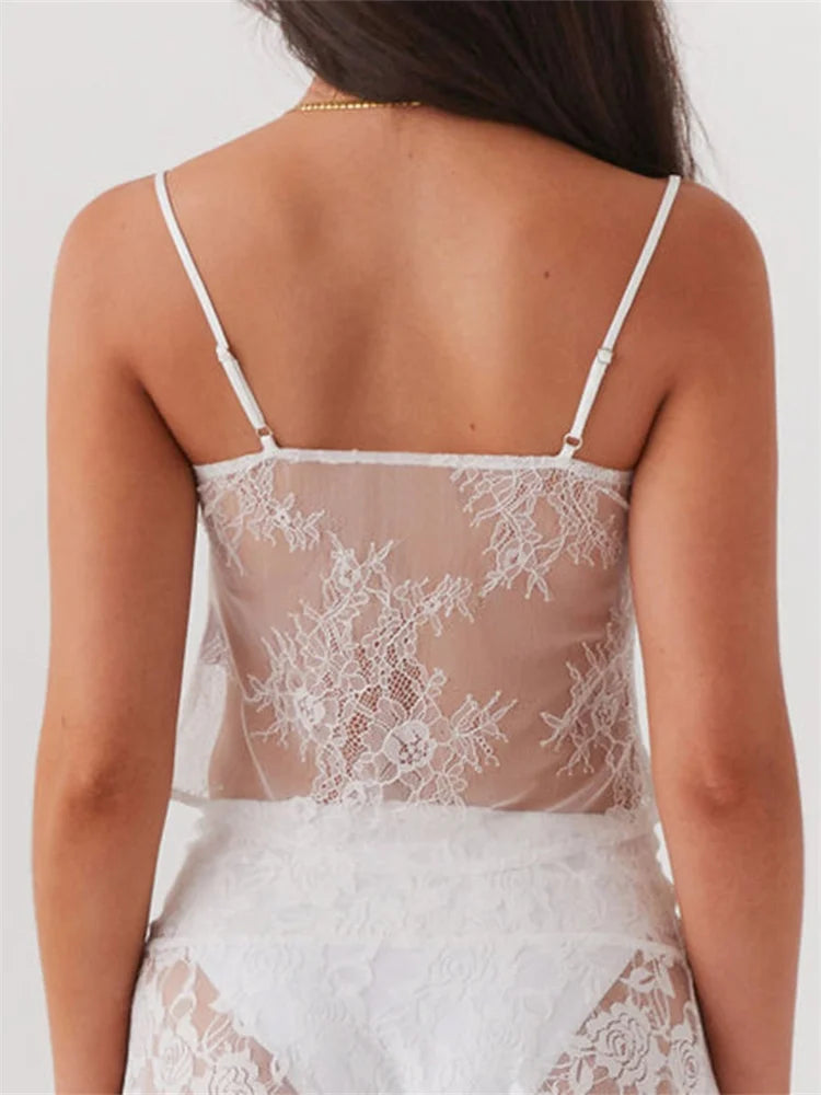 Lace Crop Summer Sleeveless Spaghetti Strap Front Split Tie-up V-neck See Through Mini Lovely Chic Cami Top