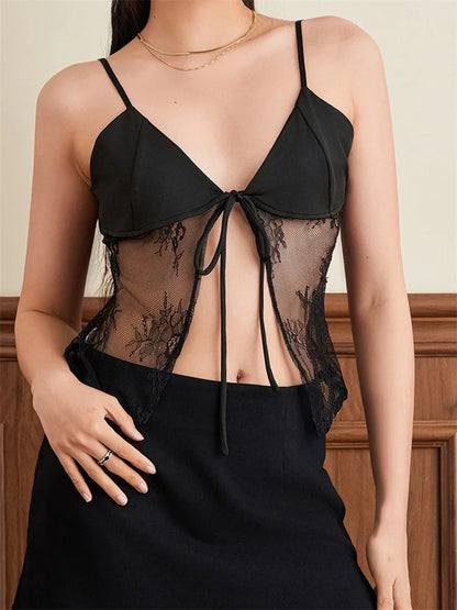 Lace Crop Summer Sleeveless Spaghetti Strap Front Split Tie-up V-neck See Through Mini Lovely Chic Cami Top