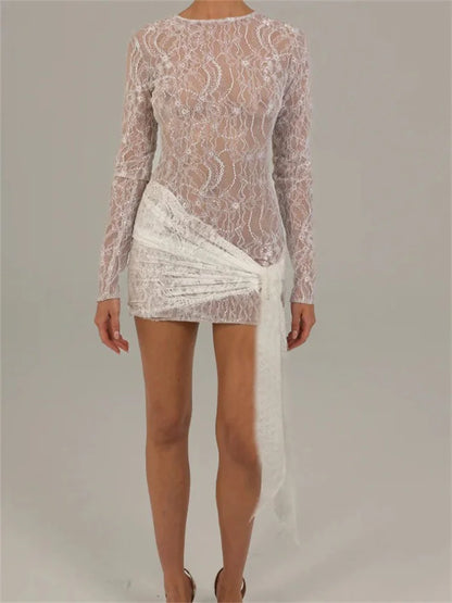 FashionSierra - Lace Floral Mesh Sheer Bodycon Mini Dress
