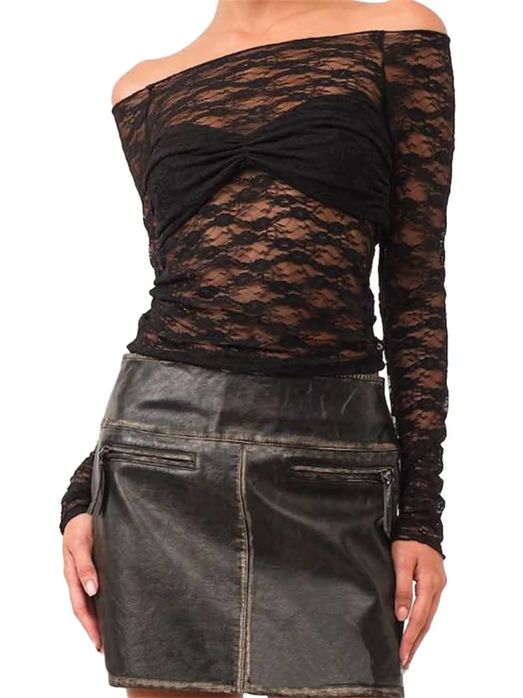 FashionSierra - Lace Floral Patchwork Mesh Sheer Off-Shoulder Long Sleeve Casual Pullovers Club Streetwear Tee