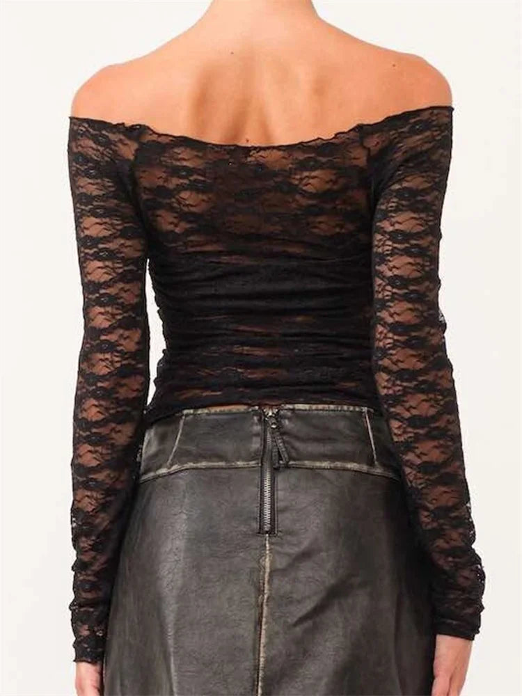 FashionSierra - Lace Floral Patchwork Mesh Sheer Off-Shoulder Long Sleeve Casual Pullovers Club Streetwear Tee