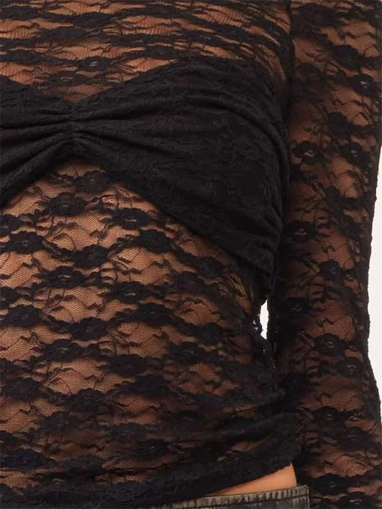 FashionSierra - Lace Floral Patchwork Mesh Sheer Off-Shoulder Long Sleeve Casual Pullovers Club Streetwear Tee