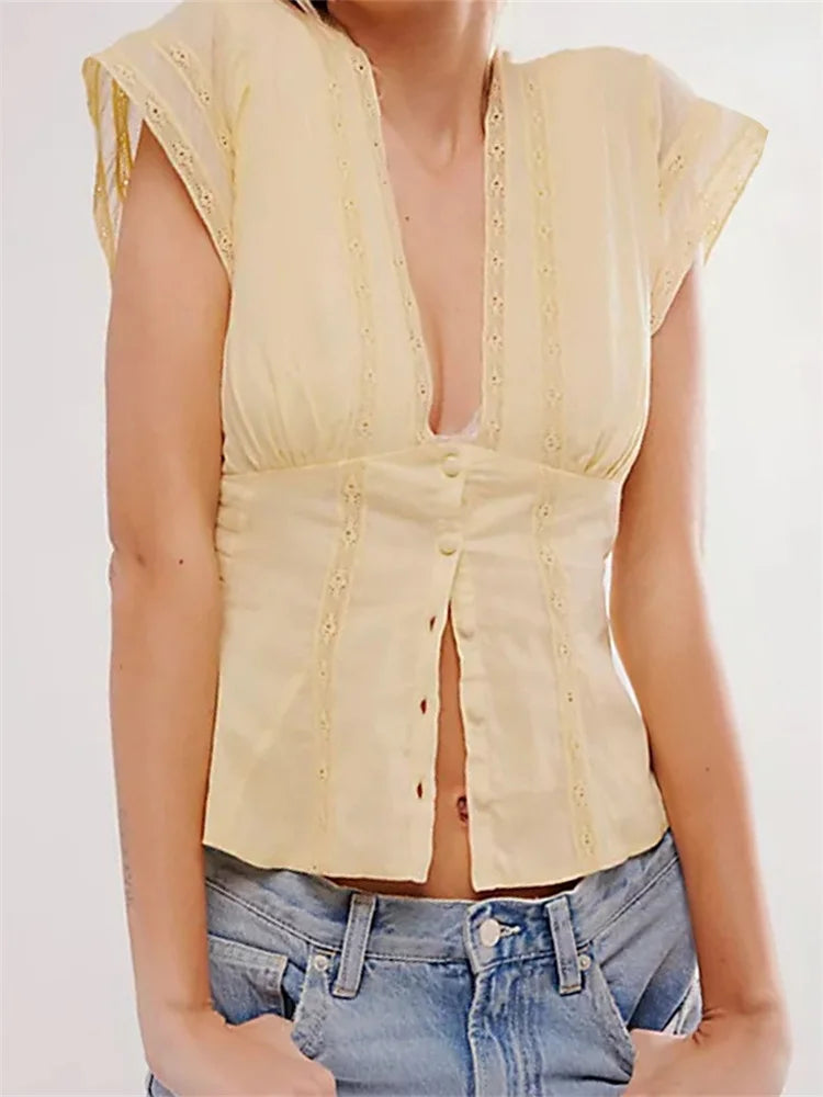 V Neck Low Cut Sleeveless Retro Solid Summer Slim Fit Lace Patchwork Button Down Cami Top