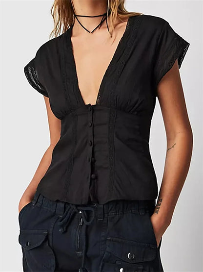 V Neck Low Cut Sleeveless Retro Solid Summer Slim Fit Lace Patchwork Button Down Cami Top