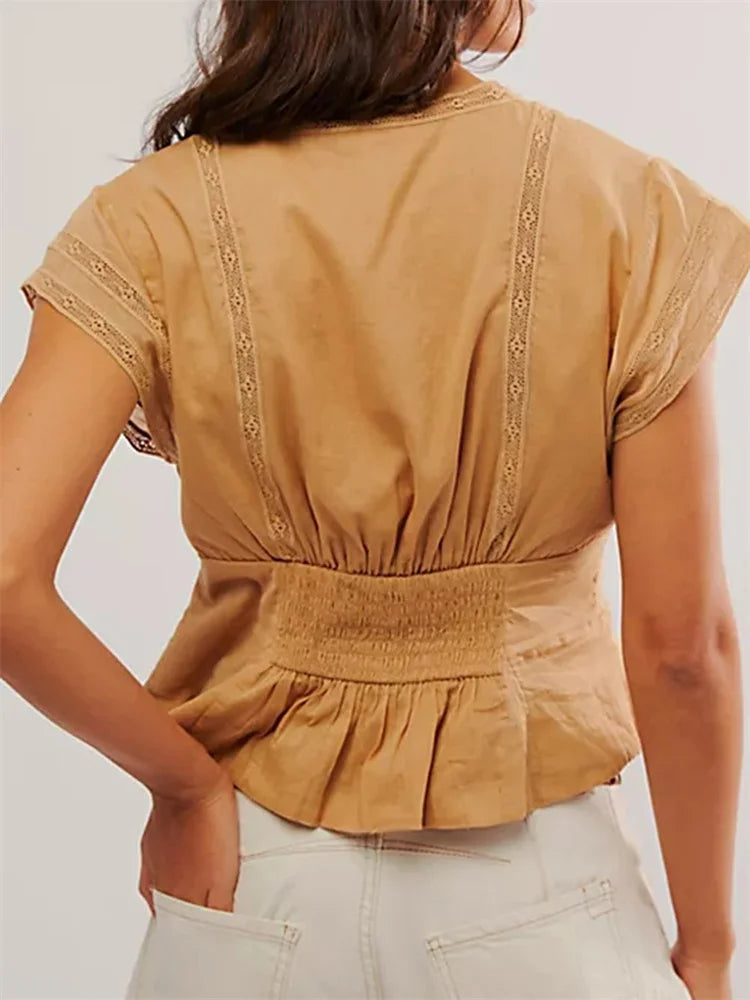 V Neck Low Cut Sleeveless Retro Solid Summer Slim Fit Lace Patchwork Button Down Cami Top