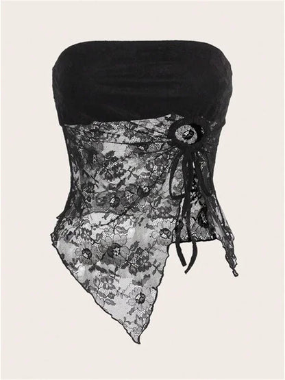 FashionSierra - 2025 Lace Tube Summer Strapless Off Shoulder Front Drawstring Solid Color Slim Fit Mini Vest Irregular Hem Tank Crop Tops