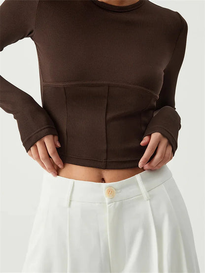 FashionSierra - Long Sleeve Basic Solid Color Round Neck Slim Fit Cropped for Spring Autumn Streetwear Tee
