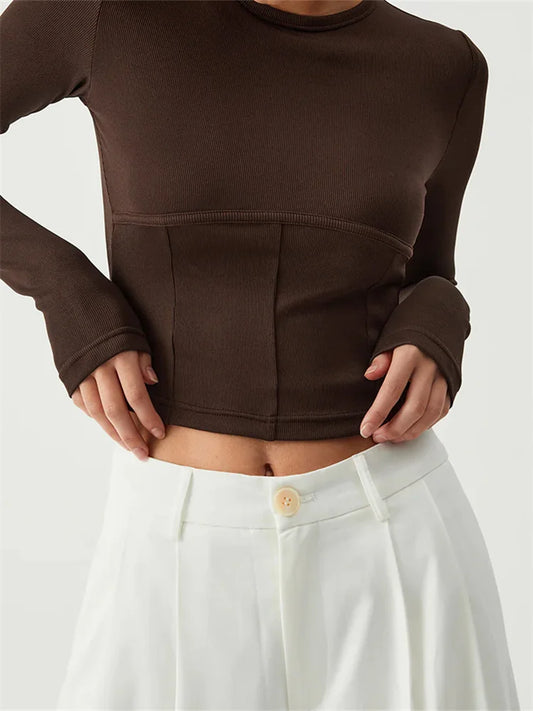 FashionSierra - Long Sleeve Basic Solid Color Round Neck Slim Fit Cropped for Spring Autumn Streetwear Tee