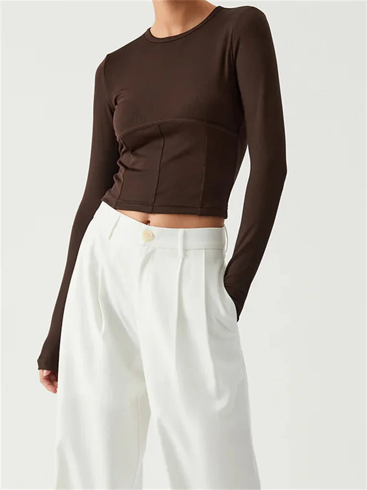 FashionSierra - Long Sleeve Basic Solid Color Round Neck Slim Fit Cropped for Spring Autumn Streetwear Tee