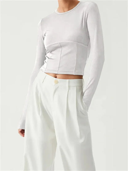 FashionSierra - Long Sleeve Basic Solid Color Round Neck Slim Fit Cropped for Spring Autumn Streetwear Tee
