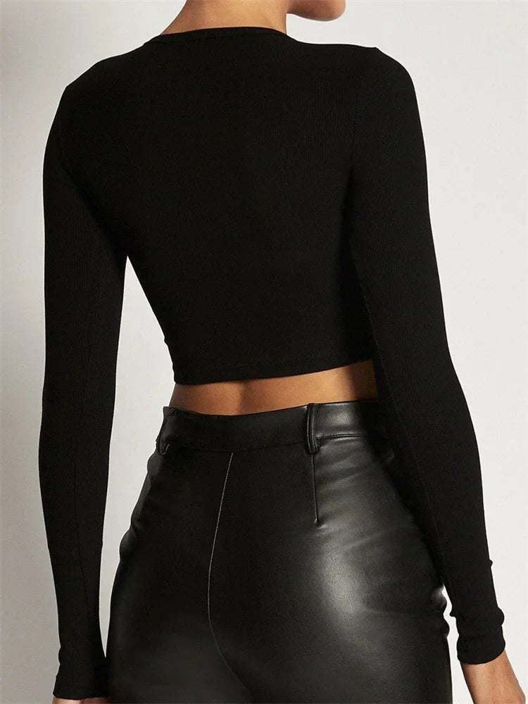 FashionSierra - Long Sleeve Causal Ruched Solid O-Neck Slim Fit Spring Autumn Exposed Navel Streetwear Tee