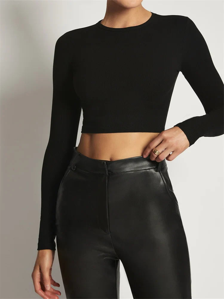 FashionSierra - Long Sleeve Causal Ruched Solid O-Neck Slim Fit Spring Autumn Exposed Navel Streetwear Tee