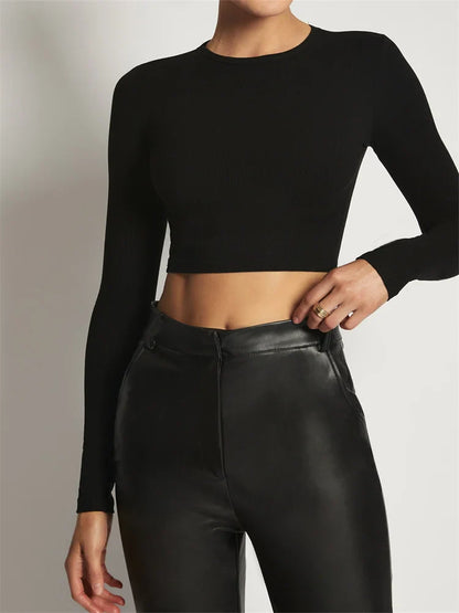 FashionSierra - Long Sleeve Causal Ruched Solid O-Neck Slim Fit Spring Autumn Exposed Navel Streetwear Tee