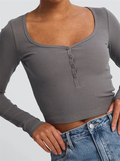 FashionSierra - Long Sleeve Solid Color Buttons Up Round Neck Casual Spring Autumn Slim Fit Streetwear Tee