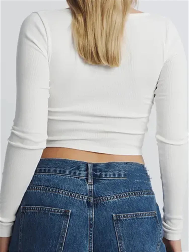 FashionSierra - Long Sleeve Solid Color Buttons Up Round Neck Casual Spring Autumn Slim Fit Streetwear Tee