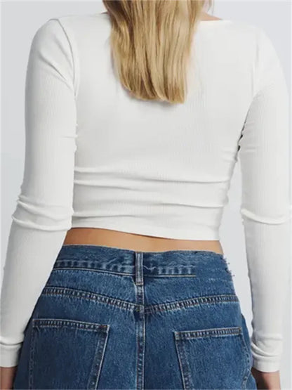 FashionSierra - Long Sleeve Solid Color Buttons Up Round Neck Casual Spring Autumn Slim Fit Streetwear Tee