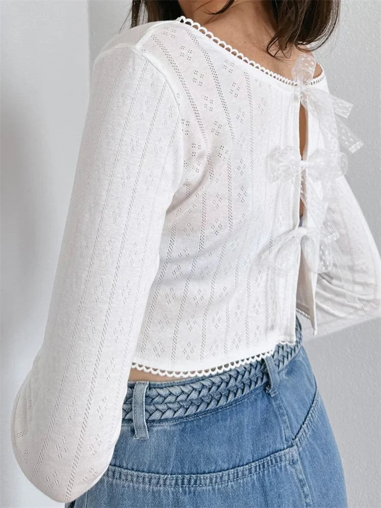 FashionSierra - Long Sleeve Cropped Hollow Out Tie-up Casual Cardigans Club Streetwear Aesthetic Grunge Tee