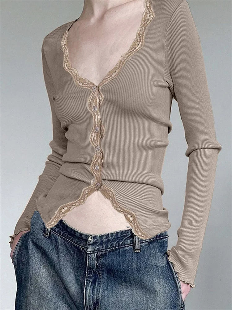 FashionSierra - Long Sleeve Knitted Lace Patchwork Basic Casual Button Up Cardigan Fall Streetwear Aesthetic Tee
