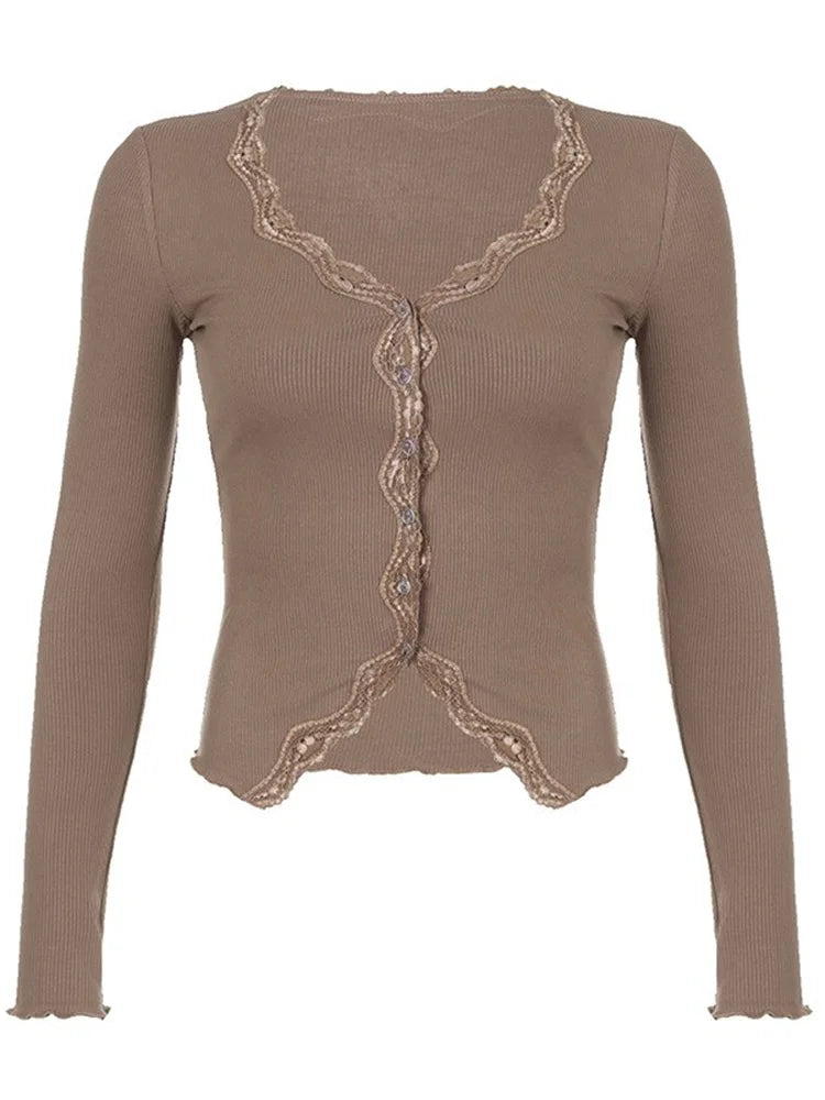 FashionSierra - Long Sleeve Knitted Lace Patchwork Basic Casual Button Up Cardigan Fall Streetwear Aesthetic Tee