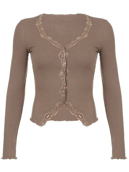 FashionSierra - Long Sleeve Knitted Lace Patchwork Basic Casual Button Up Cardigan Fall Streetwear Aesthetic Tee