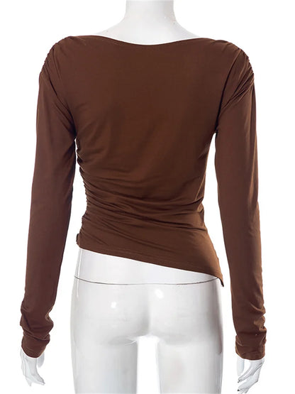 FashionSierra - Long Sleeve Solid Irregular Neck Off Shoulder Ruched Spring Fall Slim Fit Casual Streetwear Tee