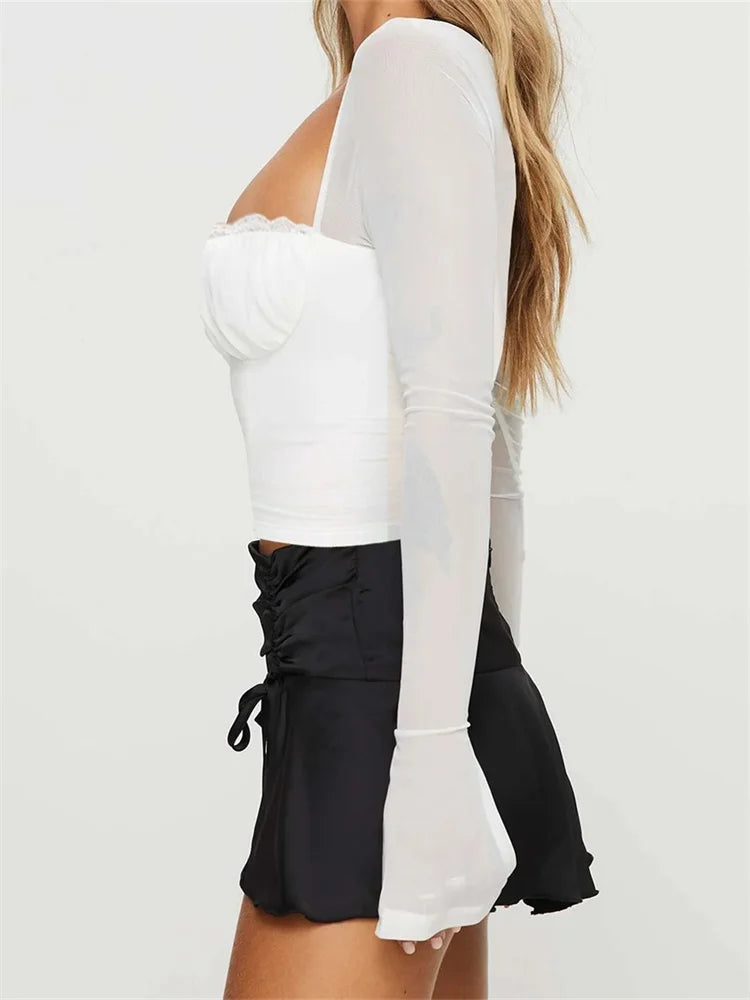 FashionSierra - Mesh Patchwork Long Flare Sleeve Low Cut Lace Trim Elegant Square Neck Ruched Tee
