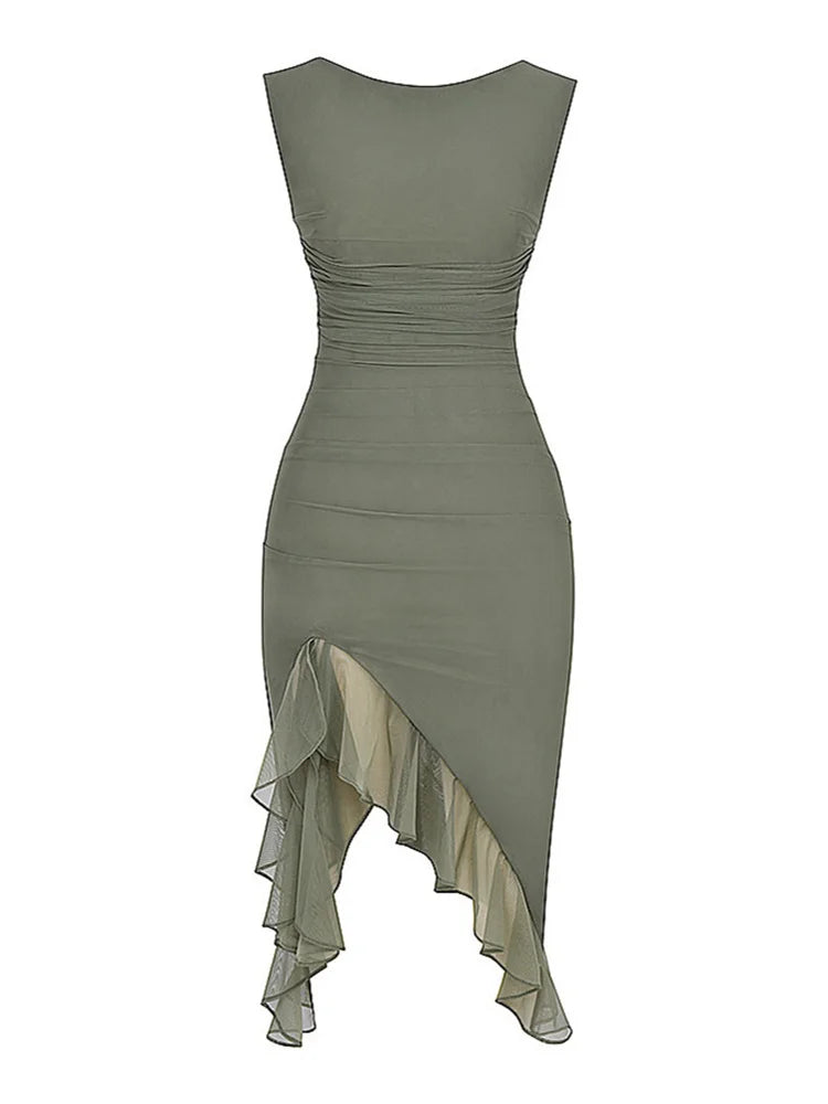 FashionSierra - Mesh See Through O-neck Elegant Ruffles Split Mini Dress