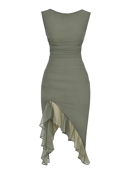 FashionSierra - Mesh See Through O-neck Elegant Ruffles Split Mini Dress