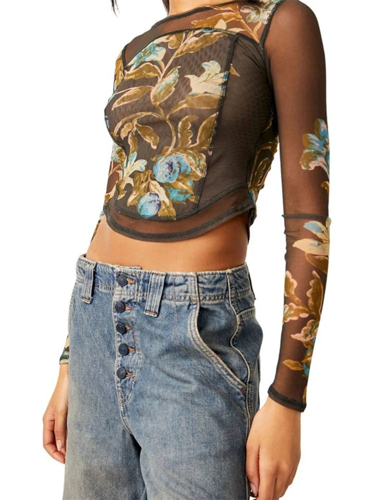 FashionSierra - Mesh See Through Slim Fit Floral Print Long Sleeve O-Neck for Spring Summer Streetwear Tee