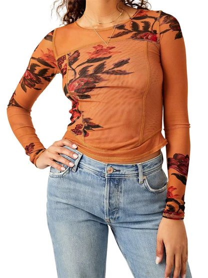FashionSierra - Mesh See Through Slim Fit Floral Print Long Sleeve O-Neck for Spring Summer Streetwear Tee