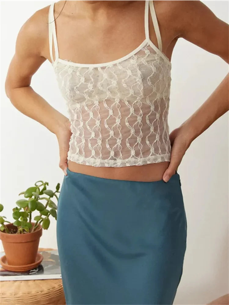 FashionSierra - 2025 Mesh Sheer Camis Slim Lace Embroidery See Through Square Neck Sleeveless Solid Short Vest for Summer  Crop Tops