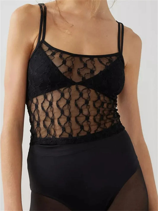 FashionSierra - 2025 Mesh Sheer Camis Slim Lace Embroidery See Through Square Neck Sleeveless Solid Short Vest for Summer  Crop Tops