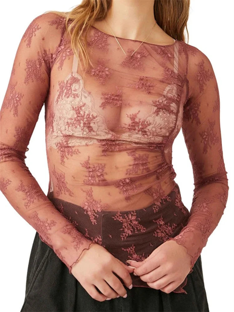FashionSierra - Mesh Sheer See Through Long Sleeve Floral Embroidery Slim Fit Asymmetrical Hem Tee