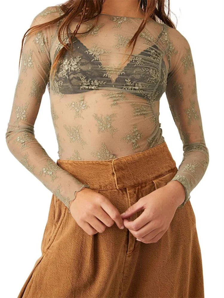 FashionSierra - Mesh Sheer See Through Long Sleeve Floral Embroidery Slim Fit Asymmetrical Hem Tee