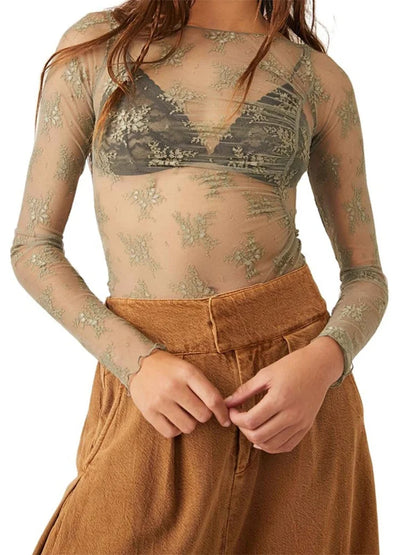 FashionSierra - Mesh Sheer See Through Long Sleeve Floral Embroidery Slim Fit Asymmetrical Hem Tee