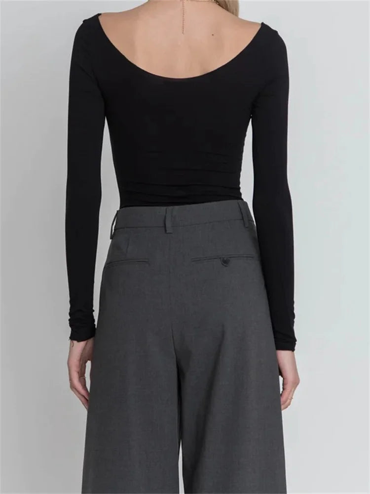FashionSierra - Off Shoulder Slim Round Neck Basic Solid Color Long Sleeve Backless Skinny Streetwear Tee