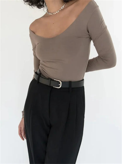 FashionSierra - Off Shoulder Slim Round Neck Basic Solid Color Long Sleeve Backless Skinny Streetwear Tee