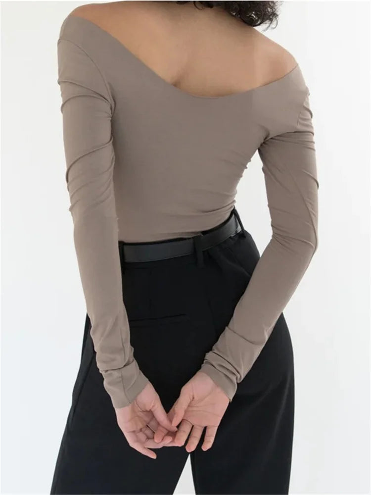 FashionSierra - Off Shoulder Slim Round Neck Basic Solid Color Long Sleeve Backless Skinny Streetwear Tee
