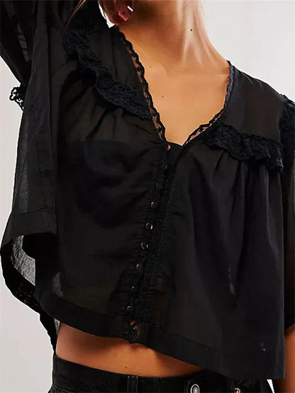 Women's Lace Patchwork Short Sleeve Summer Loose Casual Crop Tops Streetwear Blouse