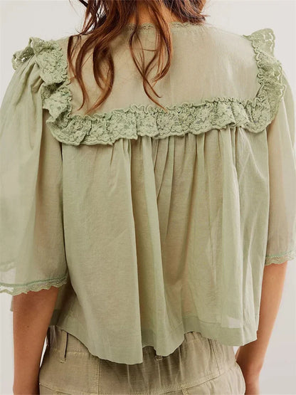 Women's Lace Patchwork Short Sleeve Summer Loose Casual Crop Tops Streetwear Blouse