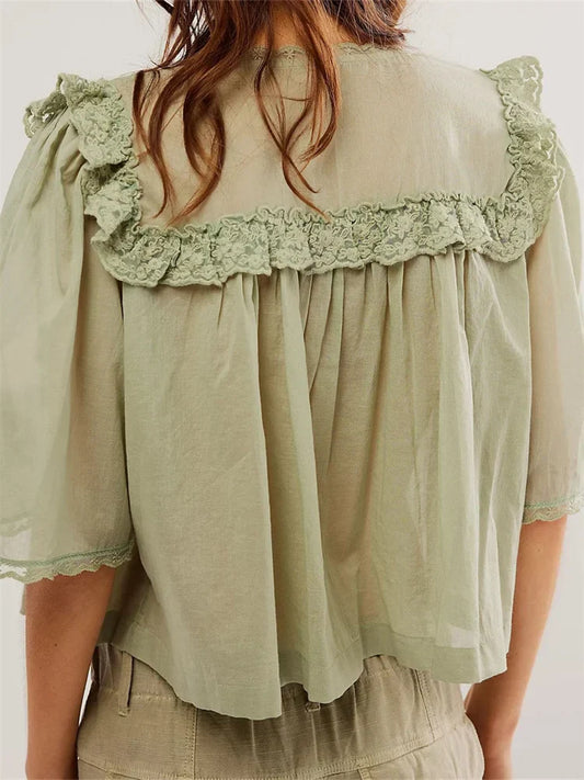 Women's Lace Patchwork Short Sleeve Summer Loose Casual Crop Tops Streetwear Blouse