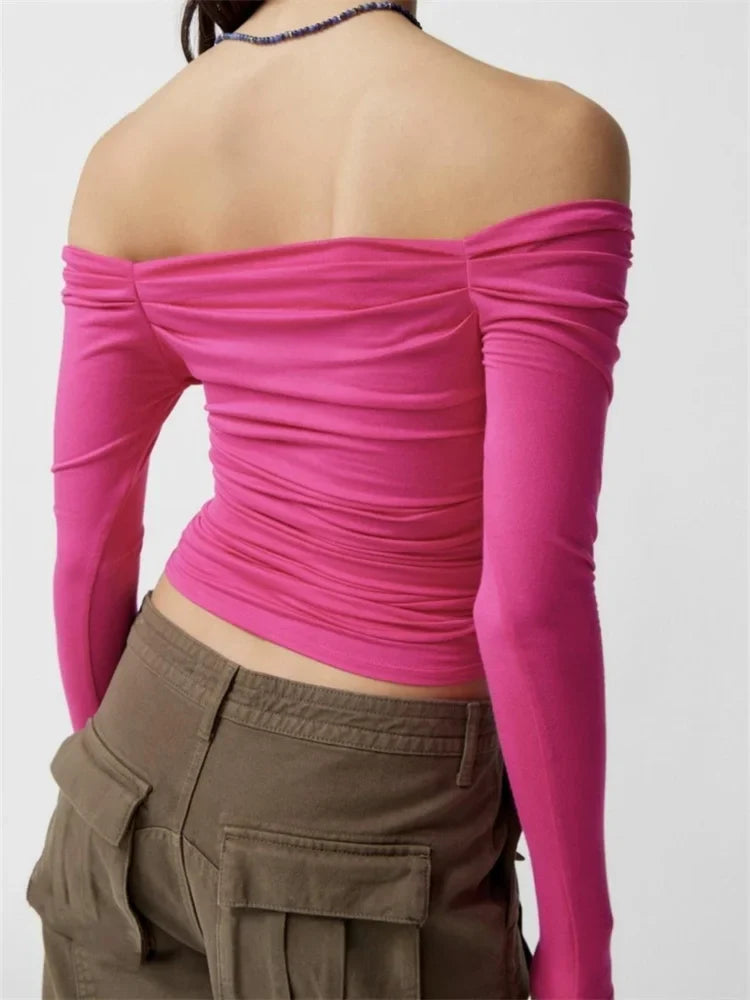 FashionSierra - Sexy Low Cut Off Shoulder Long Sleeve Solid Color Slim Fit Ruched Streetwear New Tee