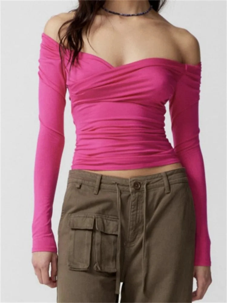 FashionSierra - Sexy Low Cut Off Shoulder Long Sleeve Solid Color Slim Fit Ruched Streetwear New Tee