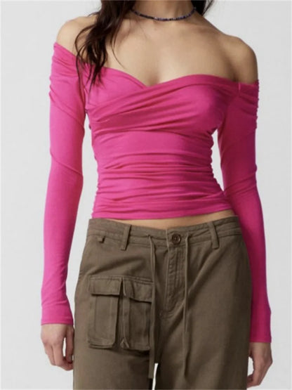 FashionSierra - Sexy Low Cut Off Shoulder Long Sleeve Solid Color Slim Fit Ruched Streetwear New Tee