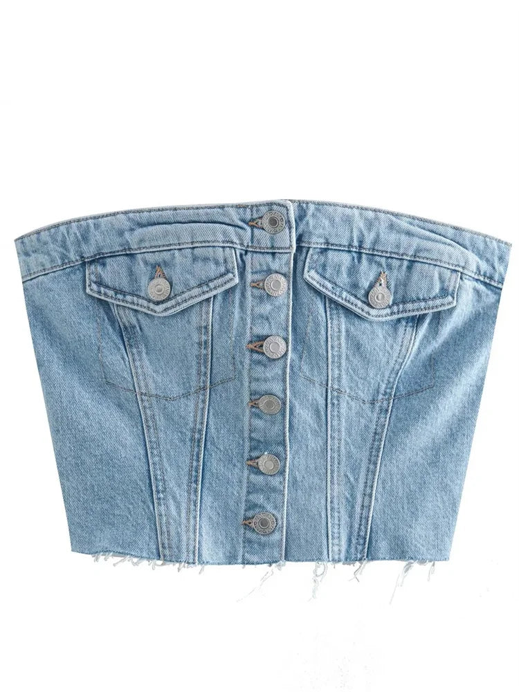 FashionSierra - 2025 Sexy Tube Sleeveless Buttons Up Bustiers Corsets Denim Off Shoulder Cropped Tank Mini Vest  Crop Tops