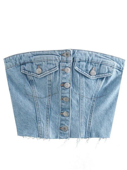 FashionSierra - 2025 Sexy Tube Sleeveless Buttons Up Bustiers Corsets Denim Off Shoulder Cropped Tank Mini Vest  Crop Tops